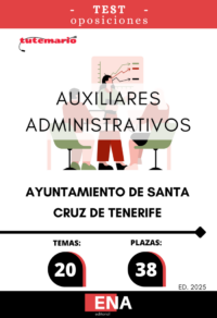 LIBRO TEST, con preguntas sobre los 20 temas solicitados para el estudio de la fase de oposición de las 38 plazas de Auxiliar Administrativo convocadas por el Ayuntamiento de Santa Cruz de Tenerife, mediante Decreto dictado con fecha 11 de noviembre de 2024, aprobó la convocatoria tramitada mediante expediente 3021/2024/RH y las siguientes Bases Específicas que rigen el proceso selectivo para la cobertura, mediante funcionarios/as de carrera de treinta y ocho (38) plazas de Auxiliar Administrativo/a, escala de Administración General, Subescala Auxiliar, Grupo de Clasificación Profesional C, Subgrupo C2, mediante el sistema de concurso oposición, incluidas en las ofertas de empleo público de los años 2021, 2022 y 2023.