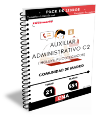 Pack de libro-temario y libro-test, con preguntas (DE CUATRO OPCIONES DE RESPUESTA) sobre 21 temas solicitados para el estudio de la fase de oposición de las 551 plazas convocadas por ORDEN1081/2025,de 24 de abril, de la Consejería de Economía, Hacienda y Empleo, por la que se convocan pruebas selectivas para el ingreso, por el sistema general de acceso libre y de promoción interna, en el Cuerpo de Auxiliares, de Administración General, Grupo C, Subgrupo C2, de la Comunidad de Madrid.