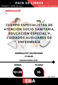 Pack de libro-temario y libro-test, con preguntas (DE CUATRO OPCIONES DE RESPUESTA),  sobre los 12+20= 32 temas, solicitados para el estudio de las oposiciones del Cuerpo Especialistas de Atención socio sanitaria Educación Especial y Cuidados Auxiliares de Enfermería, C1-04-03, de la GVA, de las 55 plazas convocadas por  ORDEN 8/2025, de 28 de mayo, de la Conselleria de Justicia y Administración Pública, por la que se convocan pruebas selectivas de acceso a los cuerpos y escalas del subgrupo C1, cuerpos especiales, turno libre general, personas con discapacidad, por el sistema de oposición, para cubrir las plazas previstas en el anexo I del Decreto 47/2025, de 25 de marzo, del Consell, correspondientes a la oferta de empleo público de 2025 para personal de la Administración de la Generalitat