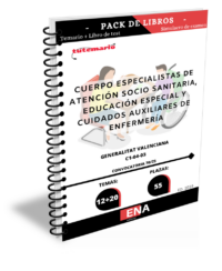 Pack de libro-temario y libro-test, con preguntas (DE CUATRO OPCIONES DE RESPUESTA),  sobre los 12+20= 32 temas, solicitados para el estudio de las oposiciones del Cuerpo Especialistas de Atención socio sanitaria Educación Especial y Cuidados Auxiliares de Enfermería, C1-04-03, de la GVA, de las 55 plazas convocadas por  ORDEN 8/2025, de 28 de mayo, de la Conselleria de Justicia y Administración Pública, por la que se convocan pruebas selectivas de acceso a los cuerpos y escalas del subgrupo C1, cuerpos especiales, turno libre general, personas con discapacidad, por el sistema de oposición, para cubrir las plazas previstas en el anexo I del Decreto 47/2025, de 25 de marzo, del Consell, correspondientes a la oferta de empleo público de 2025 para personal de la Administración de la Generalitat