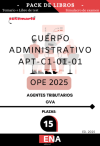 pack de LIBRO TEMARIO y LIBRO DE TEST, con preguntas (DE CUATRO OPCIONES DE RESPUESTA), los 12 + 20 = 32 temas, solicitados para la oposición de las 15 plazas convocadas por la GVA por DECRETO 47/2025 DE 25 DE MARZO, del Consell, de aprobación de la oferta de empleo público de 2025 para la Administración de la Generalitat. ORDEN 22/2025, de 9 de junio, de la Conselleria de Justícia i Administració Pública, por la que se convocan pruebas selectivas de acceso al cuerpo de agentes tributarios de la Generalitat, C1-07, cuerpo especial, convocatoria 66/25, turno libre y personas con discapacidad, por el sistema de oposición, correspondientes a la oferta de empleo público de 2025 para personal de la Administración de la Generalitat.