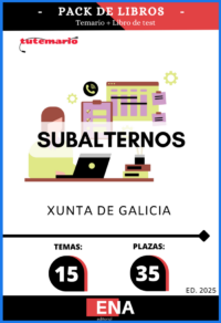 Pack de LIBRO TEMARIO y LIBRO DE TEST, con preguntas (DE CUATRO OPCIONES DE RESPUESTA), sobre los 15 temas solicitados para el estudio de la fase de oposición, de las 35 plazas de Subalterno de la oferta de empleo público de la Xunta de Galicia.