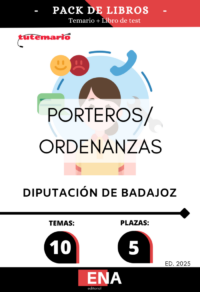 Pack de LIBRO TEMARIO y LIBRO DE TEST, con preguntas (DE CUATRO OPCIONES DE RESPUESTA), sobre los 10 temas solicitados para el estudio de la fase de oposición, de las 5 plazas de PORTERO-ORDENANZA, convocadas por la DIPUTACIÓN DE BADAJOZ, el 20-05-2025.