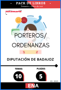 Pack de LIBRO TEMARIO y LIBRO DE TEST, con preguntas (DE CUATRO OPCIONES DE RESPUESTA), sobre los 10 temas solicitados para el estudio de la fase de oposición, de las 5 plazas de PORTERO-ORDENANZA, convocadas por la DIPUTACIÓN DE BADAJOZ, el 20-05-2025.