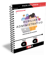 Pack de LIBRO TEMARIO y LIBRO DE TEST, con preguntas (DE CUATRO OPCIONES DE RESPUESTA), sobre los 20 temas solicitados para el estudio de la fase de oposición  de la convocatoria publicada en el BOPA por acuerdo de la Junta de Gobierno adoptado en sesión ordinaria celebrada el día 18 de junio de 2025, y en uso de las facultades delegadas a esta Junta de Gobierno por Resolución del Ilmo. Sr. Presidente número 3.402, de fecha 4 de agosto de 2023 (BOP de Alicante núm. 155, de fecha 11 de agosto de 2023), donde se aprueba la convocatoria del proceso selectivo para cubrir 33 plazas de Auxiliar de Administración General, treinta y dos reservadas al turno libre mediante el procedimiento de oposición, y una al turno de promoción interna mediante el procedimiento de concurso-oposición, y creación de bolsa de trabajo. Estas plazas están incluidas en la Escala de Administración General, Subescala Auxiliar, dotadas con los emolumentos correspondientes al Subgrupo de clasificación “C2”, del artículo 76 del Real Decreto Legislativo 5/2015, de 30 de octubre, por el que se aprueba el Texto Refundido de la Ley del Estatuto Básico del Empleado Público (TREBEP), y demás que correspondan de conformidad con la normativa vigente.