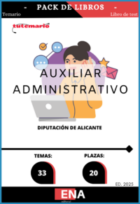 Pack de LIBRO TEMARIO y LIBRO DE TEST, con preguntas (DE CUATRO OPCIONES DE RESPUESTA), sobre los 20 temas solicitados para el estudio de la fase de oposición  de la convocatoria publicada en el BOPA por acuerdo de la Junta de Gobierno adoptado en sesión ordinaria celebrada el día 18 de junio de 2025, y en uso de las facultades delegadas a esta Junta de Gobierno por Resolución del Ilmo. Sr. Presidente número 3.402, de fecha 4 de agosto de 2023 (BOP de Alicante núm. 155, de fecha 11 de agosto de 2023), donde se aprueba la convocatoria del proceso selectivo para cubrir 33 plazas de Auxiliar de Administración General, treinta y dos reservadas al turno libre mediante el procedimiento de oposición, y una al turno de promoción interna mediante el procedimiento de concurso-oposición, y creación de bolsa de trabajo. Estas plazas están incluidas en la Escala de Administración General, Subescala Auxiliar, dotadas con los emolumentos correspondientes al Subgrupo de clasificación “C2”, del artículo 76 del Real Decreto Legislativo 5/2015, de 30 de octubre, por el que se aprueba el Texto Refundido de la Ley del Estatuto Básico del Empleado Público (TREBEP), y demás que correspondan de conformidad con la normativa vigente.