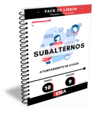 Pack de LIBRO TEMARIO y LIBRO DE TEST, con preguntas (DE CUATRO OPCIONES DE RESPUESTA), sobre los 10 temas solicitados para el estudio de la fase de oposición de las 9 plazas de Subalternos convocadas por el Ayuntamiento de Avilés, y convocadas: Con fecha 20 de junio de 2024 se ha dictado por la Alcaldía la Resolución n.º 4713/2024, en la que se dispone aprobar las bases y convocar el proceso selectivo para la selección por el turno libre de nueve plazas (tres reservadas al turno de discapacidad general) pertenecientes a la escala de Administración General, subescala subalterno, correspondientes al Grupo/subgrupo AP de los establecidos en el artículo 76 del Real decreto legislativo 5/2015, de 30 de octubre, por el que se aprueba el texto refundido de la ley del estatuto Básico del empleado Público.