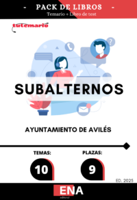 Pack de LIBRO TEMARIO y LIBRO DE TEST, con preguntas (DE CUATRO OPCIONES DE RESPUESTA), sobre los 10 temas solicitados para el estudio de la fase de oposición de las 9 plazas de Subalternos convocadas por el Ayuntamiento de Avilés, y convocadas: Con fecha 20 de junio de 2024 se ha dictado por la Alcaldía la Resolución n.º 4713/2024, en la que se dispone aprobar las bases y convocar el proceso selectivo para la selección por el turno libre de nueve plazas (tres reservadas al turno de discapacidad general) pertenecientes a la escala de Administración General, subescala subalterno, correspondientes al Grupo/subgrupo AP de los establecidos en el artículo 76 del Real decreto legislativo 5/2015, de 30 de octubre, por el que se aprueba el texto refundido de la ley del estatuto Básico del empleado Público.