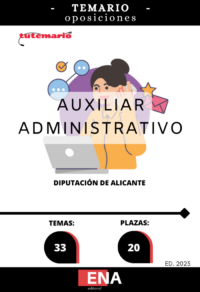 LIBRO TEMARIO sobre los 20 temas solicitados para el estudio de la fase de oposición  de la convocatoria publicada en el BOPA por acuerdo de la Junta de Gobierno adoptado en sesión ordinaria celebrada el día 18 de junio de 2025, y en uso de las facultades delegadas a esta Junta de Gobierno por Resolución del Ilmo. Sr. Presidente número 3.402, de fecha 4 de agosto de 2023 (BOP de Alicante núm. 155, de fecha 11 de agosto de 2023), donde se aprueba la convocatoria del proceso selectivo para cubrir 33 plazas de Auxiliar de Administración General, treinta y dos reservadas al turno libre mediante el procedimiento de oposición, y una al turno de promoción interna mediante el procedimiento de concurso-oposición, y creación de bolsa de trabajo. Estas plazas están incluidas en la Escala de Administración General, Subescala Auxiliar, dotadas con los emolumentos correspondientes al Subgrupo de clasificación “C2”, del artículo 76 del Real Decreto Legislativo 5/2015, de 30 de octubre, por el que se aprueba el Texto Refundido de la Ley del Estatuto Básico del Empleado Público (TREBEP), y demás que correspondan de conformidad con la normativa vigente.