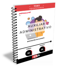 LIBRO DE TEST, donde desarrollamos preguntas tipo test de 4 respuestas alternativas, basadas en los  20 temas solicitados para el estudio de la fase de oposición  de la convocatoria publicada en el BOPA por acuerdo de la Junta de Gobierno adoptado en sesión ordinaria celebrada el día 18 de junio de 2025, y en uso de las facultades delegadas a esta Junta de Gobierno por Resolución del Ilmo. Sr. Presidente número 3.402, de fecha 4 de agosto de 2023 (BOP de Alicante núm. 155, de fecha 11 de agosto de 2023), donde se aprueba la convocatoria del proceso selectivo para cubrir 33 plazas de Auxiliar de Administración General, treinta y dos reservadas al turno libre mediante el procedimiento de oposición, y una al turno de promoción interna mediante el procedimiento de concurso-oposición, y creación de bolsa de trabajo. Estas plazas están incluidas en la Escala de Administración General, Subescala Auxiliar, dotadas con los emolumentos correspondientes al Subgrupo de clasificación “C2”, del artículo 76 del Real Decreto Legislativo 5/2015, de 30 de octubre, por el que se aprueba el Texto Refundido de la Ley del Estatuto Básico del Empleado Público (TREBEP), y demás que correspondan de conformidad con la normativa vigente.