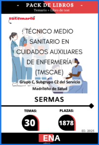 Pack de LIBRO TEMARIO y LIBRO DE TEST, con preguntas (DE CUATRO OPCIONES DE RESPUESTA), sobre los 30 temas solicitados para el estudio de las oposiciones convocadas por el SERMAS, por: RESOLUCIÓNde17dejuliode2025,delaDirección General de Recursos Humanos y Relaciones Laborales del Servicio Madrileño de Salud, por la que se convocan pruebas selectivas por el turno libre para el acceso a la condición de personal estatutario fijo en la categoría de Técnico Medio Sanitario en Cuidados Auxiliares de Enfermería (TMSCAE), Grupo C, Subgrupo C2, del Servicio Madrileño de Salud. Se convocan pruebas selectivas para la cobertura de 1.878 plazas para el acceso  a la condición de personal estatutario fijo en la categoría de Técnico Medio Sanitario en  Cuidados Auxiliares de Enfermería (TMSCAE), Grupo C, Subgrupo C2, incluidas en las  plantillas orgánicas de las Instituciones Sanitarias del Servicio Madrileño de Salud.