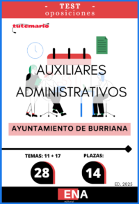 LIBRO TEST, donde desarrollamos preguntas tipo test de 4 respuestas alternativas, basadas en los 11 + 17 temas (26) solicitados para el estudio de la fase de oposición de las 14 plazas de Auxiliar Administrativo C2 convocadas por el Ayuntamiento de Burriana, por Resolución de la Alcaldía el 05-03-2025.