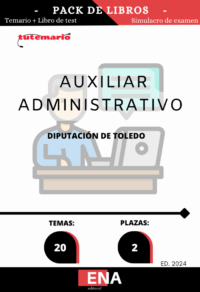 Pack de LIBRO TEMARIO y LIBRO DE TEST, con preguntas (DE CUATRO OPCIONES DE RESPUESTA), sobre los 20 temas solicitados para la primera fase de oposición de las 2 plazas convocadas por la Diputación de Toledo de Auxiliares Administrativos C2, publicado en el Boletín Oficial de Toledo nº 147 del 2 de Agosto del 2024 y en el BOE el 22-08-2024.