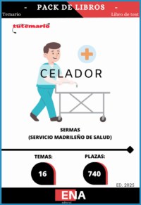 Pack de LIBRO TEMARIO y LIBRO DE TEST, con preguntas (DE CUATRO OPCIONES DE RESPUESTA), sobre los 16 temas solicitados para el estudio de la fase de oposición, de las 740 plazas de Celadores, Grupo E, convocadas por Resolución del 23 de junio de 2025, de la Dirección General de Recursos Humanos y Relaciones Laborales del Servicio Madrileño de Salud, por la que se convocan pruebas selectivas por el turno libre para el acceso a la condición de personal estatutario fijo en las categorías del Grupo E del Servicio Madrileño de Salud.