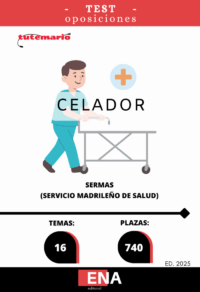 LIBRO DE TEST, con preguntas (DE CUATRO OPCIONES DE RESPUESTA), sobre los 16 temas solicitados para el estudio de la fase de oposición, de las 740 plazas de Celadores, Grupo E, convocadas por Resolución del 23 de junio de 2025, de la Dirección General de Recursos Humanos y Relaciones Laborales del Servicio Madrileño de Salud, por la que se convocan pruebas selectivas por el turno libre para el acceso a la condición de personal estatutario fijo en las categorías del Grupo E del Servicio Madrileño de Salud.