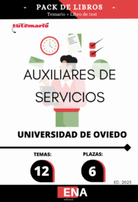Pack de LIBRO TEMARIO y LIBRO DE TEST, con preguntas (DE CUATRO OPCIONES DE RESPUESTA), sobre los 12 temas solicitados para la fase de oposición, de las 6 plazas convocadas por la Universidad de Oviedo: Resolución de 4 DE AGOSTO de 2025, del Rector de la universidad de Oviedo, por la que se convoca concurso-oposición libre para la provisión de 12 plazas con la categoría de Auxiliar de servicios, Grupo IV.
