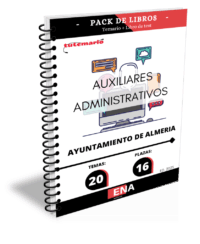 Pack de LIBRO TEMARIO y LIBRO DE TEST, con preguntas (DE CUATRO OPCIONES DE RESPUESTA), sobre los 20 temas solicitados para el estudio de la fase de oposición, de la convocatoria del Ayuntamiento de Almería para 16 plazas por turno libre de Auxiliar de Administración General, subgrupo C2, publicadas las bases en el BOP de Almería el 08/08/2025.