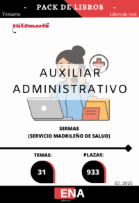 Pack de LIBRO TEMARIO y LIBRO DE TEST, con preguntas (DE CUATRO OPCIONES DE RESPUESTA), sobre los 31 temas solicitados para el estudio de la fase de oposición, de las 933 plazas convocadas por el Servicio Madrileño de Salud, por resolución de 23 de junio de 2025, de la Dirección General de Recursos Humanos y Relaciones Laborales del Servicio Madrileño de Salud, por la que se convocan pruebas selectivas por el turno libre para el acceso a la condición de personal estatutario fijo en la categoría de Grupo Auxiliar Administrativo de Función Administrativa, Grupo C, Subgrupo C2, del Servicio Madrileño de Salud.