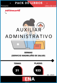 Pack de LIBRO TEMARIO y LIBRO DE TEST, con preguntas (DE CUATRO OPCIONES DE RESPUESTA), sobre los 31 temas solicitados para el estudio de la fase de oposición, de las 933 plazas convocadas por el Servicio Madrileño de Salud, por resolución de 23 de junio de 2025, de la Dirección General de Recursos Humanos y Relaciones Laborales del Servicio Madrileño de Salud, por la que se convocan pruebas selectivas por el turno libre para el acceso a la condición de personal estatutario fijo en la categoría de Grupo Auxiliar Administrativo de Función Administrativa, Grupo C, Subgrupo C2, del Servicio Madrileño de Salud.