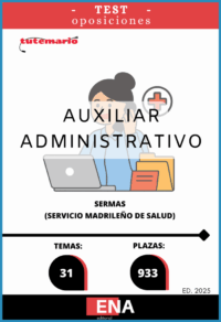 LIBRO TEST, con preguntas (DE CUATRO OPCIONES DE RESPUESTA), sobre los 31 temas solicitados para el estudio de la fase de oposición, de las 933 plazas convocadas por el Servicio Madrileño de Salud, por resolución de 23 de junio de 2025, de la Dirección General de Recursos Humanos y Relaciones Laborales del Servicio Madrileño de Salud, por la que se convocan pruebas selectivas por el turno libre para el acceso a la condición de personal estatutario fijo en la categoría de Grupo Auxiliar Administrativo de Función Administrativa, Grupo C, Subgrupo C2, del Servicio Madrileño de Salud.