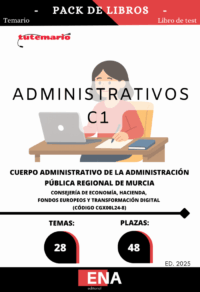 Pack de LIBRO TEMARIO y LIBRO DE TEST, con preguntas (DE CUATRO OPCIONES DE RESPUESTA), sobre los 28 temas solicitados para el estudio de la fase de oposición de las 48 plazas de Administrativos C1, convocadas por la Consejería de Economía, Hacienda, Fondos Europeos y Transformación Digital, por Orden de 19 de septiembre de 2025 de la Consejería de Economía, Hacienda, Fondos Europeos y Transformación Digital, por la que se convocan pruebas selectivas de acceso libre para cubrir 48 plazas del Cuerpo Administrativo de la Administración Pública Regional. (Código CGX00L24-8).