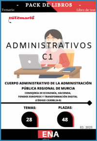 Pack de LIBRO TEMARIO y LIBRO DE TEST, con preguntas (DE CUATRO OPCIONES DE RESPUESTA), sobre los 28 temas solicitados para el estudio de la fase de oposición de las 48 plazas de Administrativos C1, convocadas por la Consejería de Economía, Hacienda, Fondos Europeos y Transformación Digital, por Orden de 19 de septiembre de 2025 de la Consejería de Economía, Hacienda, Fondos Europeos y Transformación Digital, por la que se convocan pruebas selectivas de acceso libre para cubrir 48 plazas del Cuerpo Administrativo de la Administración Pública Regional. (Código CGX00L24-8).