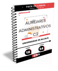 Pack de LIBRO TEMARIO y LIBRO DE TEST, con preguntas (DE CUATRO OPCIONES DE RESPUESTA), sobre los 18 temas solicitados para el estudio de la fase de oposición, de las 54 plazas convocadas por la Universidad de Alcalá por Resolución de 6 de octubre de 2025 de la Gerencia de la Universidad de Alcalá por la que se convocan pruebas selectivas para el ingreso, por el sistema general de concurso oposición libre, en la Escala Auxiliar Administrativa, Grupo C, Subgrupo C2 de la Universidad de Alcalá: Se convocan pruebas selectivas para cubrir cincuenta y cuatro plazas por el sistema general de concurso-oposición, para el acceso a la Escala de Auxiliar Administrativa, grupo C, subgrupo C2 de la Universidad de Alcalá. Del total de las plazas se reservan dos plazas para ser cubiertas por personas con grado de discapacidad igual o superior al 33 por ciento.