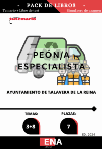 Pack de LIBRO TEMARIO y LIBRO DE TEST, con preguntas (DE CUATRO OPCIONES DE RESPUESTA), sobre los 11 temas (3+8) solicitados para el estudio de la fase de oposición de las 7 plazas de Peones/as Especialistas del Ayuntamiento de Talavera de la Reina, publicadas las bases en el Boletín Oficial de Toledo por Resolución de la Alcaldía-Presidencia de 31 de octubre de 2024, en uso de las atribuciones que le están conferidas por Delegación de la Junta de Gobierno Local de 26 de junio de 2023.