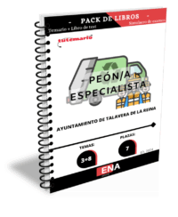 Pack de LIBRO TEMARIO y LIBRO DE TEST, con preguntas (DE CUATRO OPCIONES DE RESPUESTA), sobre los 11 temas (3+8) solicitados para el estudio de la fase de oposición de las 7 plazas de Peones/as Especialistas del Ayuntamiento de Talavera de la Reina, publicadas las bases en el Boletín Oficial de Toledo por Resolución de la Alcaldía-Presidencia de 31 de octubre de 2024, en uso de las atribuciones que le están conferidas por Delegación de la Junta de Gobierno Local de 26 de junio de 2023.