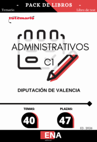Pack de LIBRO TEMARIO y LIBRO DE TEST, con preguntas (DE TRES OPCIONES DE RESPUESTA), sobre los 40 temas solicitados para la cobertura de personal funcionario de carrera, mediante el sistema de turno libre y por el procedimiento de oposición libre de cuarenta y siete plazas de Administrativo/va, vacantes en la plantilla de esta Diputación, (sector no sanitario), 25 plazas correspondiente a la Oferta de Empleo Público 2023 (BOP núm. 247 del 27 de diciembre de 2023), 12 a la del 2024 (BOP núm. 183 del 20 de septiembre de 2024) y 10 correspondiente a la Oferta de Empleo Público 2025 (BOP núm. 211 del 04 de noviembre 2025), de las cuales 4 de la OPE de 2023 y 4 de la OPE de 2024, están reservadas a personal con discapacidad funcional, todas ellas encuadradas en la escala de Administración General, subescala Administrativa, subgrupo C1, dotadas con las retribuciones legalmente establecidas y correspondientes a su subgrupo de clasificación según lo establecido en el artículo 76 del Real Decreto Legislativo 5/2015, de 30 de octubre, por el que se aprueba el texto refundido de la Ley del Estatuto Básico del Empleado Público (TREBEP).