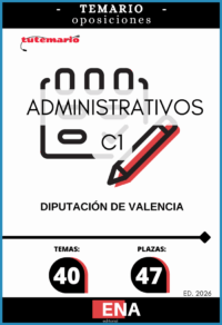 LIBRO TEMARIO, sobre los 40 temas solicitados para la cobertura de personal funcionario de carrera, mediante el sistema de turno libre y por el procedimiento de oposición libre de cuarenta y siete plazas de Administrativo/va, vacantes en la plantilla de esta Diputación, (sector no sanitario), 25 plazas correspondiente a la Oferta de Empleo Público 2023 (BOP núm. 247 del 27 de diciembre de 2023), 12 a la del 2024 (BOP núm. 183 del 20 de septiembre de 2024) y 10 correspondiente a la Oferta de Empleo Público 2025 (BOP núm. 211 del 04 de noviembre 2025), de las cuales 4 de la OPE de 2023 y 4 de la OPE de 2024, están reservadas a personal con discapacidad funcional, todas ellas encuadradas en la escala de Administración General, subescala Administrativa, subgrupo C1, dotadas con las retribuciones legalmente establecidas y correspondientes a su subgrupo de clasificación según lo establecido en el artículo 76 del Real Decreto Legislativo 5/2015, de 30 de octubre, por el que se aprueba el texto refundido de la Ley del Estatuto Básico del Empleado Público (TREBEP).