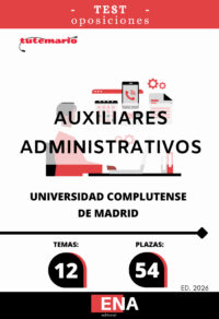 LIBRO DE TEST, con preguntas (DE CUATRO OPCIONES DE RESPUESTA), sobre los 12 temas solicitados para el estudio de la fase de oposición de las 54 plazas de la Escala Auxiliar Administrativa de la Universidad Complutense de Madrid, Grupo C, Subgrupo C2, por el sistema de Concurso-Oposición en turno libre. Las plazas convocadas están vinculadas a la Oferta de Empleo Público de la Universidad Complutense de Madrid correspondiente al Personal Técnico, de Gestión y de Administración y Servicios para el año 2022, publicada mediante Resolución de 13 de diciembre de 2022 (Boletín Oficial de la Comunidad de Madrid y Boletín Oficial de la Universidad Complutense de 21 de diciembre).