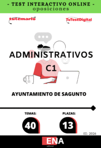 TEST INTERACTIVO, con preguntas (DE CUATRO OPCIONES DE RESPUESTA), con preguntas (DE CUATRO OPCIONES DE RESPUESTA), sobre los 40 temas solicitados para el estudio del primer ejercicio de la fase de oposición, de las oposiciones convocadas por el Excelentísimo Ayuntamiento de Sagunto para cubrir en propiedad, mediante el sistema de concurso oposición, trece plazas de Administrativo de Administración General incluidas en la OEP de 2025, seis por turno libre y siete por promoción interna. Dichas plazas se encuadran en el Grupo C, subgrupo C1.