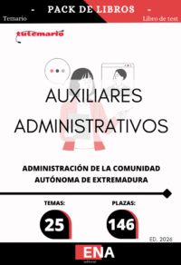 Pack de LIBRO TEMARIO y LIBRO DE TEST, con preguntas (DE CUATRO OPCIONES DE RESPUESTA), sobre los 25 temas solicitados para el estudio de la fase de oposición, de las 146 plazas convocadas por ORDEN de 17 de diciembre de 2025 por la que se convocan pruebas selectivas para el acceso a plazas vacantes de personal funcionario del Cuerpo Auxiliar, Especialidad Administración General, de la Administración de la Comunidad Autónoma de Extremadura, así como se procede a su acumulación a las convocadas mediante Orden de 23 de diciembre de 2024.