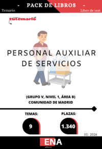 Pack de LIBRO TEMARIO y LIBRO DE TEST, con preguntas (DE CUATRO OPCIONES DE RESPUESTA), sobre los 9 temas solicitados en las oposiciones a 1.340  PLAZAS DE Personal Auxiliar de Servicios de la Comunidad de Madrid, GRUPO V, NIVEL 1, ÁREA B, publicadas en el BOCM.