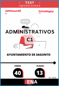 LIBRO DE TEST, con preguntas (DE CUATRO OPCIONES DE RESPUESTA), sobre los 40 temas solicitados para el estudio del primer ejercicio de la fase de oposición, de las oposiciones convocadas por el Excelentísimo Ayuntamiento de Sagunto para cubrir en propiedad, mediante el sistema de concurso oposición, trece plazas de Administrativo de Administración General incluidas en la OEP de 2025, seis por turno libre y siete por promoción interna. Dichas plazas se encuadran en el Grupo C, subgrupo C1.