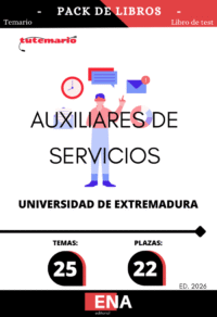 Pack de LIBRO TEMARIO y LIBRO DE TEST, con preguntas (DE CUATRO OPCIONES DE RESPUESTA). Sobre los 25 + 1 tema (OFFICE 365), solicitados para la fase de oposición de las 20 plazas convocadas por la Universidad de Extremadura, por RESOLUCIÓN de 5 de febrero de 2026, de la Gerencia, por la que se convocan pruebas selectivas para ingreso en la Escala Auxiliar Administrativa, mediante el sistema de acceso libre.