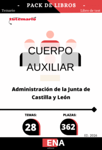Pack de LIBRO TEMARIO y LIBRO DE TEST, con preguntas (DE CUATRO OPCIONES DE RESPUESTA), sobre los 28 temas solicitados para el estudio de las oposiciones de 362 plazas del Cuerpo Auxiliar, convocadas por la Administración de Castilla y León, por de 7 de enero de 2026, de la Viceconsejería de Administraciones Públicas y Atención al Ciudadano, por la que se convocan procesos selectivos para el ingreso, por el sistema de acceso libre, en los Cuerpos Administrativo y Auxiliar de la Administración de la Comunidad de Castilla y León.