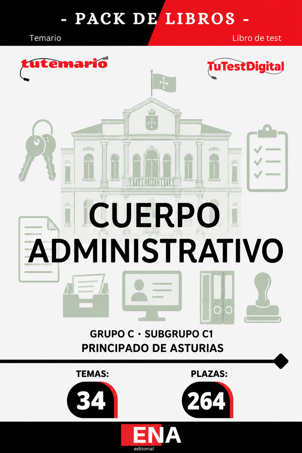 Pack de LIBRO TEMARIO y LIBRO DE TEST, con preguntas (DE CUATRO OPCIONES DE RESPUESTA), sobre los 34 temas solicitados para la provisión de 264 plazas del Cuerpo Administrativo, Grupo C, Subgrupo C1, en turno de promoción interna y turno de acceso libre, en régimen de funcionario de carrera de la Administración del Principado de Asturias.