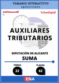 TEMARIO sobre los 22 temas solicitados para la fase de oposición de la convocatoria de la Diputación de Alicante para las 42 plazas de Auxiliares Tributarios/as. El temario consta de 10 temas de la parte de derecho local y administrativo y tiene 12 temas de la parte de derecho tributario